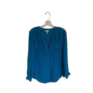 Joie Blue Silk Pleated Popover Blouse Small 100% Silk Long Sleeve